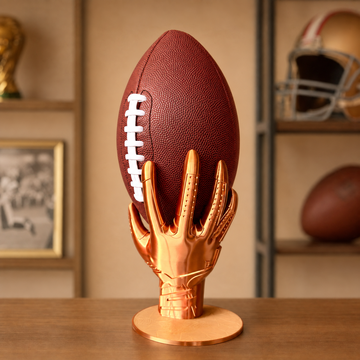Goldener American-Football-Halter in Handschuhform mit Ball auf einem Regal