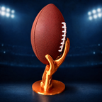 Goldener Football-Ballständer in Handschuhform vor Stadionhintergrund