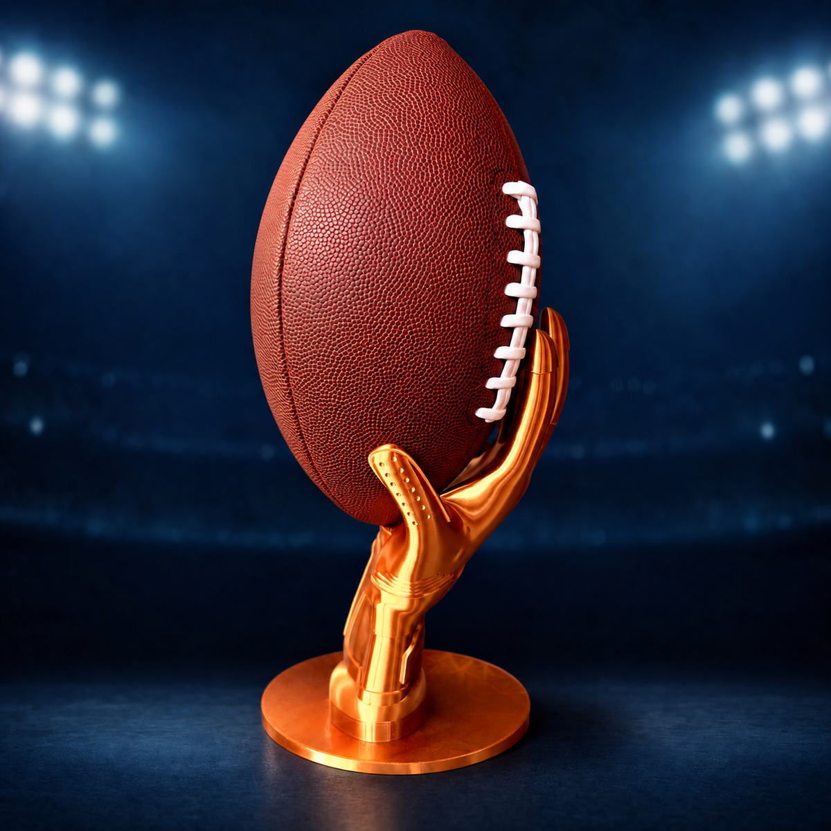 Goldener Football-Ballständer in Handschuhform vor Stadionhintergrund