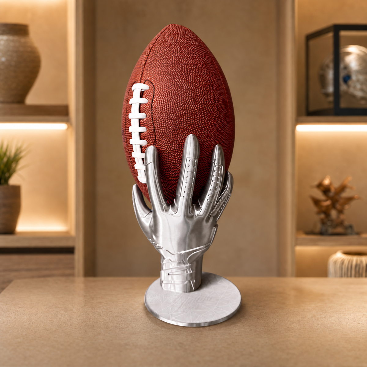 Silberner American-Football-Ständer für Tisch oder Regal