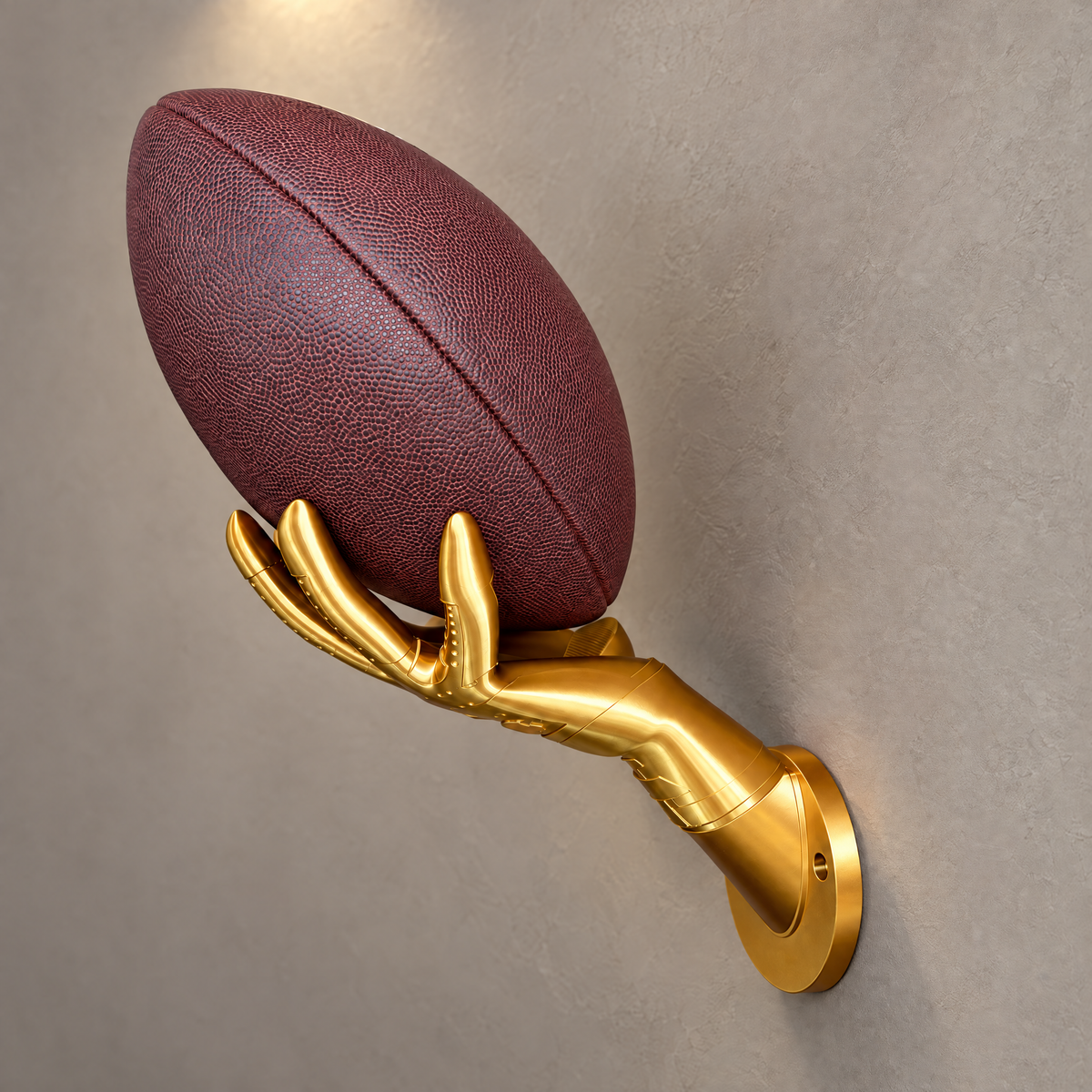 Seitliche Ansicht des goldenen Football-Wandhalters mit American Football
