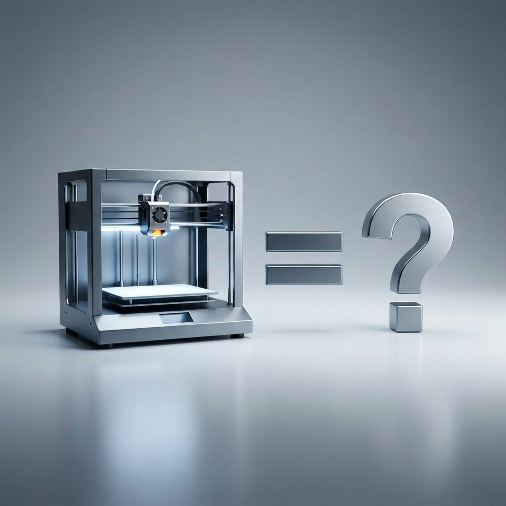 3D-Drucker neben einem Fragezeichen