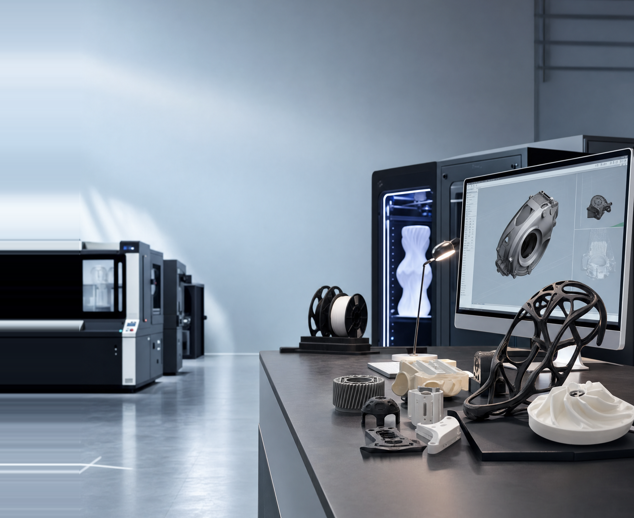 CAD-Arbeitsplatz mit 3D-Druckern, Filament und additiv gefertigten Bauteilen