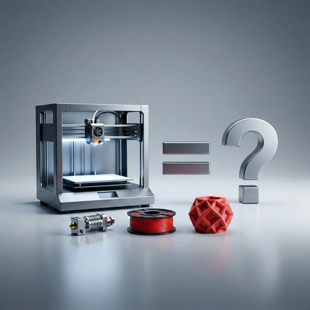 FDM-3D-Drucker mit Hotend, Filamentrolle und gedrucktem Bauteil